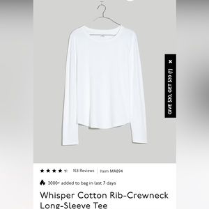 Madewell white Whisper Cotton Rib-Crewneck long-sleeve tee.  Size XXS